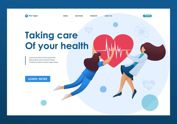 Frauen mit einem schlagenden Herzen verkörpern die Sorge um die Gesundheit der Patientin. flache 2D-Zeichen. Landing Page Konzepte und Webdesign - Vektor, Bild