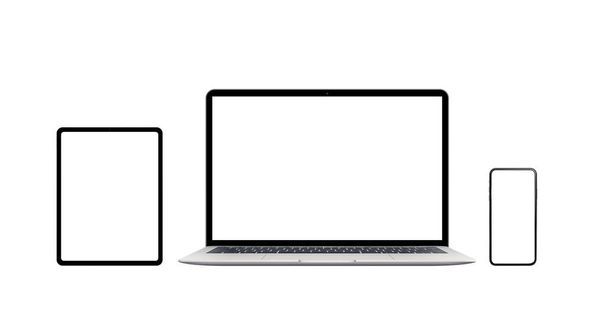 Laptop, telefoon en tablet geïsoleerd. Moderne apparaten met dunne randen. Geïsoleerd scherm voor mockup, app of website presentatie - Foto, afbeelding