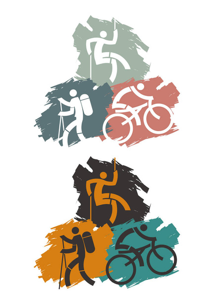 Kültéri sport ikonok.Túrázó, kerékpáros ans hegymászó szimbólumok színes grunge háttér. Vektor rendelkezésre áll. - Vektor, kép