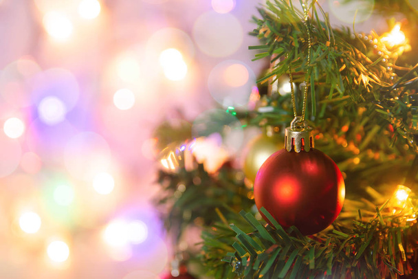 Рождественское украшение. Висячие красные шарики на сосновых ветвях
 - Фото, изображение