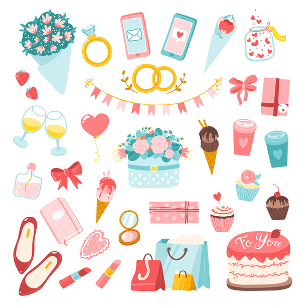 Valentine's day set. Vector illustration in a simple cartoon style for the holiday of lovers. Great set for your design, stickers, open. Flowers, sweets, cosmetics, phones, hearts, letters. - ベクター画像