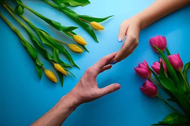 Holding hands on blue background with tulips, topdown view, holidays concept - 写真・画像
