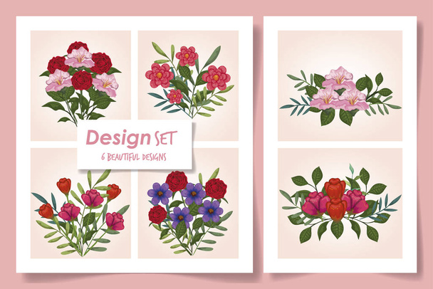 set van zes ontwerpen met schattige bloemen - Vector, afbeelding