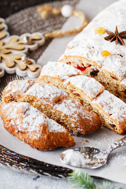 Holiday baking. Christmas cake. Stollen is fruit bread of nuts,  - Foto, immagini