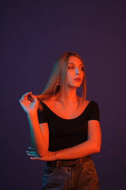 Beautiful, glamorous, girl, model in a photo studio with color filters. Portrait, beauty, style. - Fotoğraf, Görsel