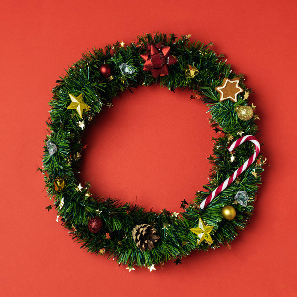 Christmas creative concept flat lay, christmas wreath from green - Photo, Image