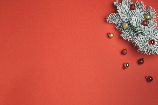 Christmas composition flat lay, candy cane, fir branch, ornament - 写真・画像