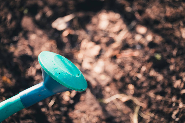 Tip with nozzle of a garden watering can for watering flowers and vegetable garden against the background of the earth on spring day - 写真・画像