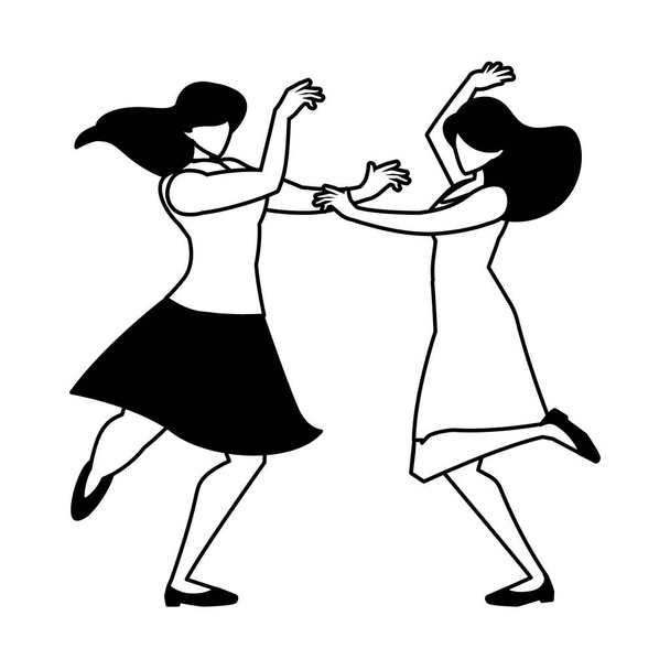 силуэт женщин в позе танца на белом фоне
 - Вектор,изображение