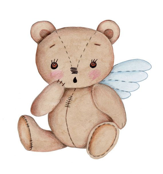 Brauner Aquarell-Teddybär mit Flügeln. Vereinzelt. Handgezeichnet. - Foto, Bild