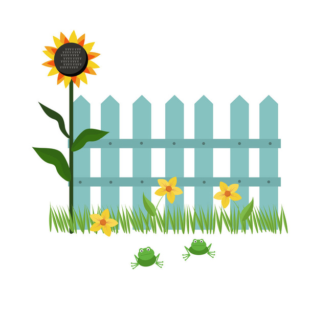 Illustration - blue fence, next to growing grass, sunflowers, yellow flowers and sit frogs. Stock vector graphics. - Vector, Image