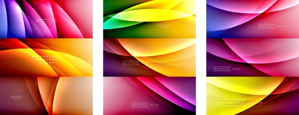 Set of wave liquid style lines with shadows and light on gradient backgrounds. Trendy simple fluid color gradient abstract backgrounds with dynamic straight shadow line effect - Vector, Image