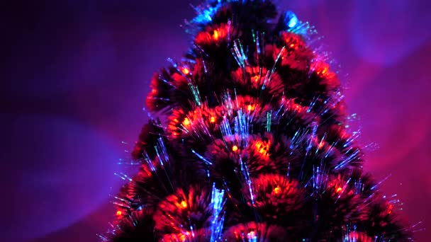 mooie kerstboom in de kamer, versierd met een lichtgevende bloemenslinger en een ster. Nieuwjaar. Kerstboom, fijne feestdagen. Kerst interieur. vakantie voor kinderen en volwassenen. - Video