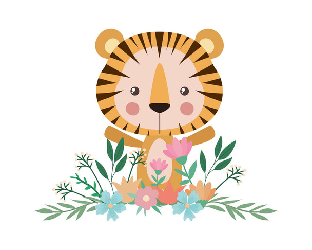 Χαριτωμένη τίγρη με λουλούδια και φύλλα διανυσματικό σχεδιασμό - Διάνυσμα, εικόνα