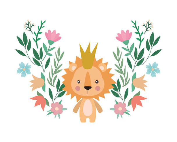 王冠の花と葉のベクトルデザインとかわいいライオン - ベクター画像