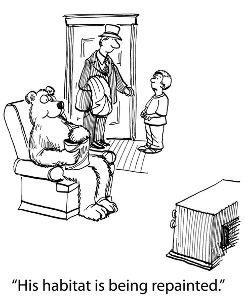Карикатура. Медведь смотрит телевизор в пригородном доме
 - Фото, изображение