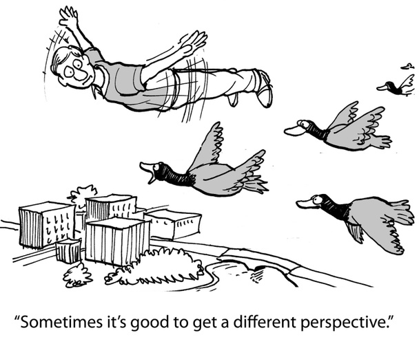 Dibujos animados ilustración. Hombre volando con patos
 - Foto, imagen