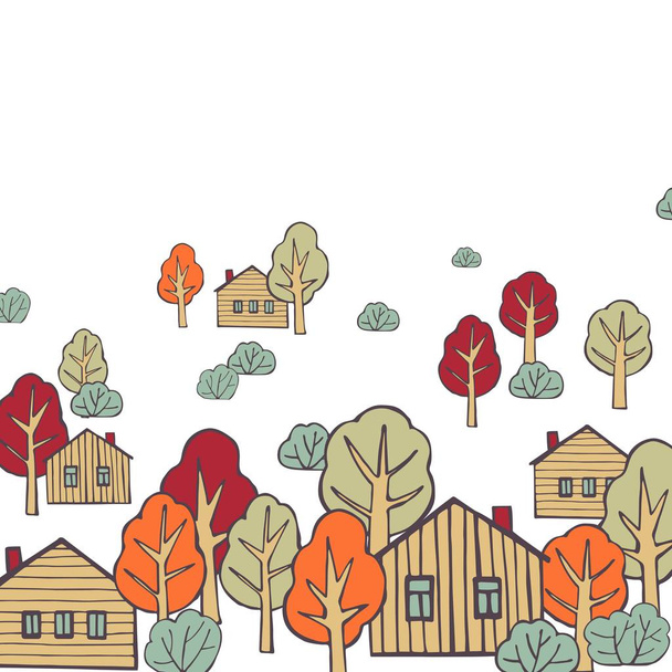 Wektorowe tło z ręcznie rysowane wiejskie domy i drzewa - Wektor, obraz