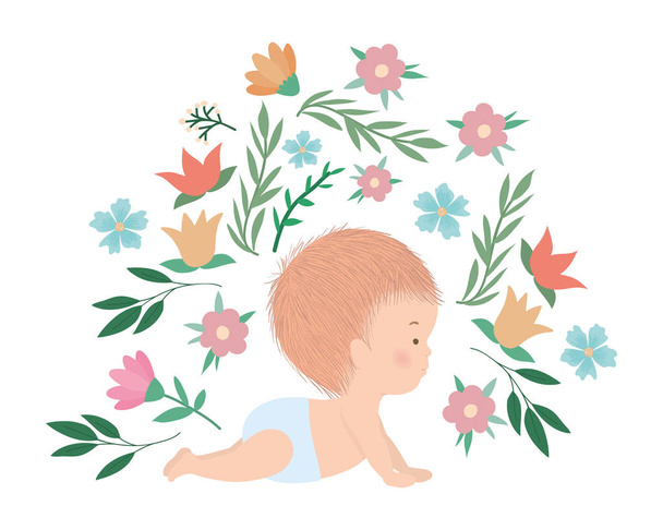 Cute baby boy with flowers and leaves vector design - Vector, Image