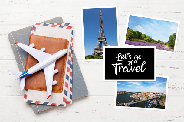 Travel concept with vacation photos, airplane, passport and notepad. Top view flat lay with copy space - Zdjęcie, obraz