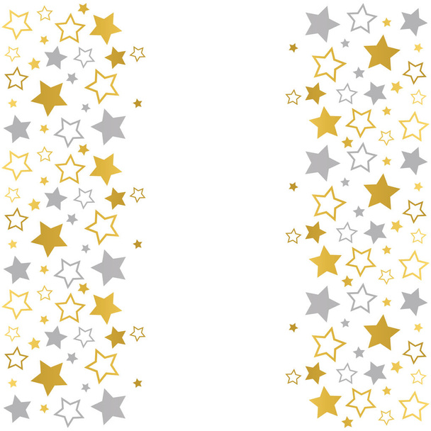 Frame with blank space for text. Border of silver and golden stars on white background. Vector for Christmas and New Year greeting card, banner, invitation, packaging design, illustration pattern - Vector, Image