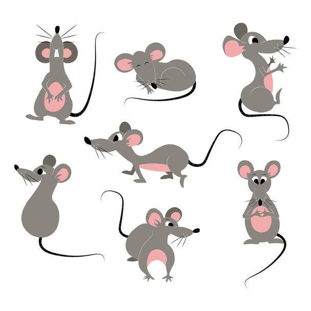漫画のラットのデザインを設定します。様々なポーズやアクションで面白いコレクションマウスのベクトルイラスト。白に隔離されてる平面ベクトル設計. - ベクター画像