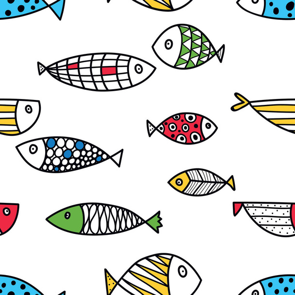 Cute line fish. Vector seamless pattern. - ベクター画像