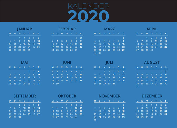 Deutscher Kalender 2020 Blauer Boden. Calender von Montag bis Sonntag. - Vector, Imagen