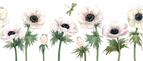 Beautiful watercolor floral horizontal seamless pattern with anemone, lavanda flowers and dragonflies. Stock illustration. - 写真・画像