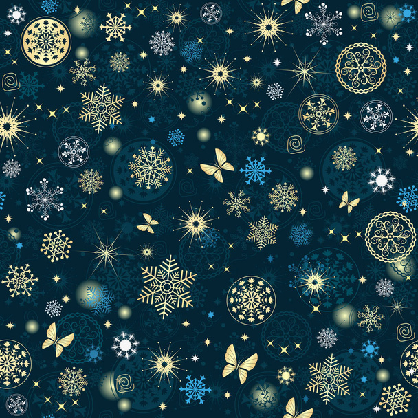 Patrón inconsútil azul de Navidad con copos de nieve dorados
 - Vector, imagen