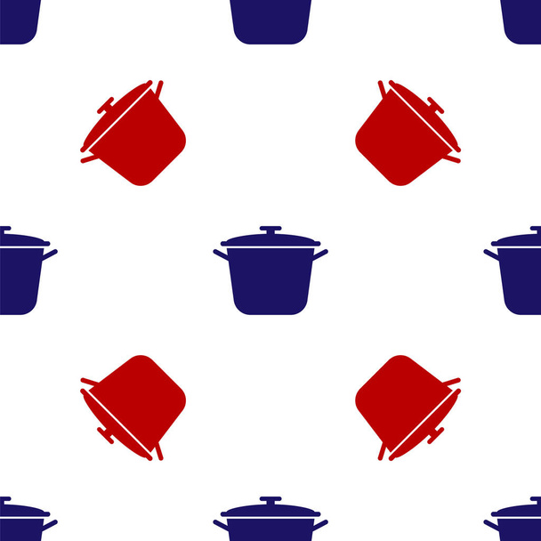 青と赤の調理ポットアイコンは、白の背景にシームレスなパターンを隔離しました。沸騰またはシチュー食品のシンボル。ベクターイラスト - ベクター画像