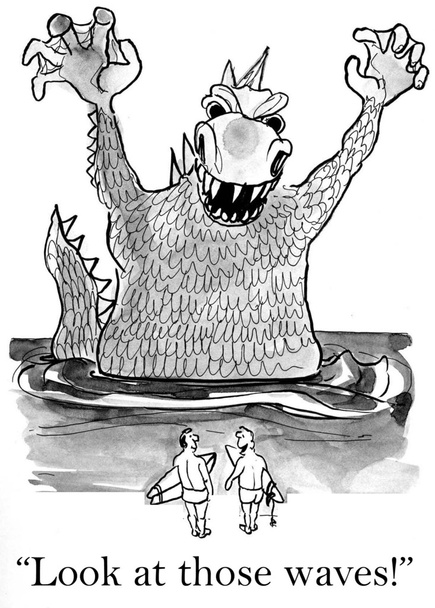 Dibujos animados ilustración. Asustar monstruos marinos surfistas
 - Foto, imagen
