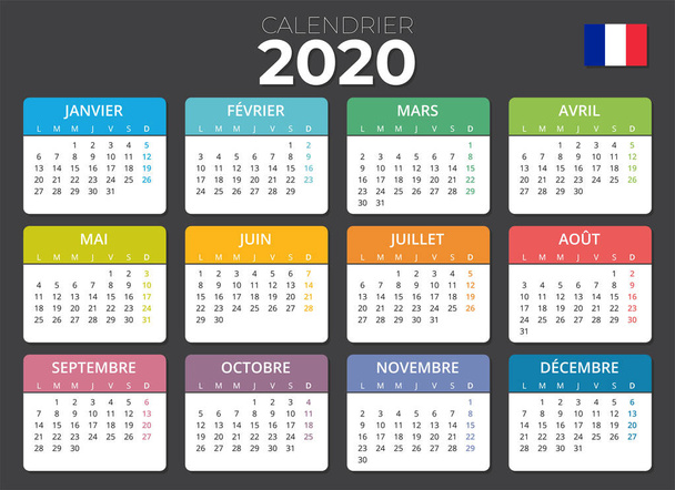 Calendario Cascais 2020 Multicolore con drapeau francaise. Calendario del lunes a viernes. - Vector, imagen