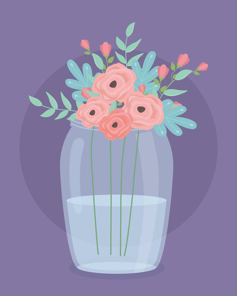 glass vase with flowers and leafs decoration - Vektori, kuva