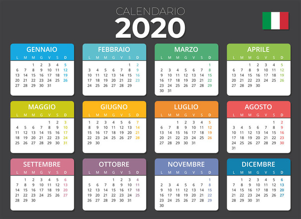 Calendario italiano 2020 Bandiera italiana. Calendario orizzontale. - Wektor, obraz