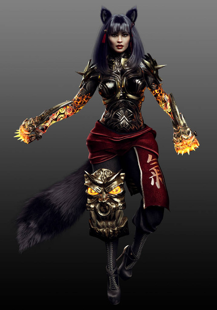 Kitsune Gumiho Fox Woman Warrior Φαντασία Sci Fi - Φωτογραφία, εικόνα