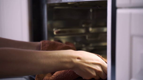 Young beautiful woman pulls gingerbread from the oven. - Footage, Video