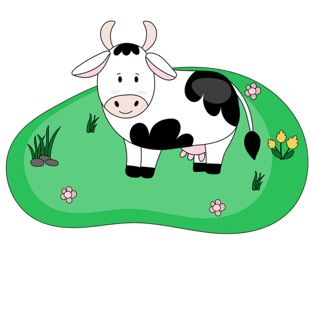 Farm cute vector cow on meadow. Illustration in flat cartoon style with animal. - Vetor, Imagem