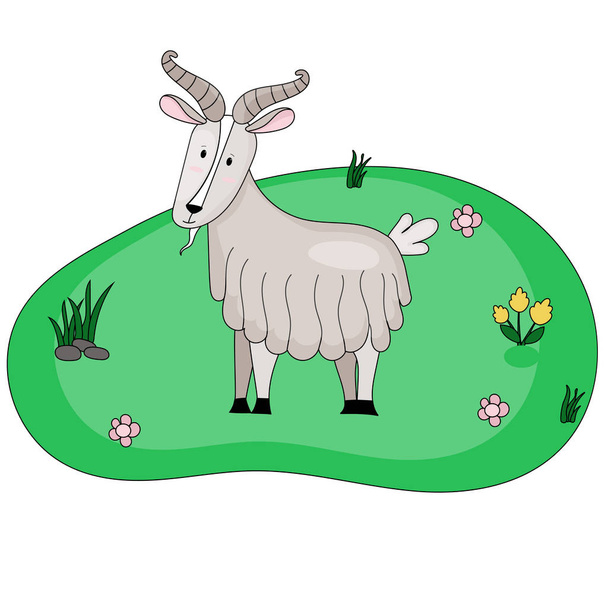 Farm cute vector goat on meadow. Illustration in flat cartoon style with animal. - Vetor, Imagem