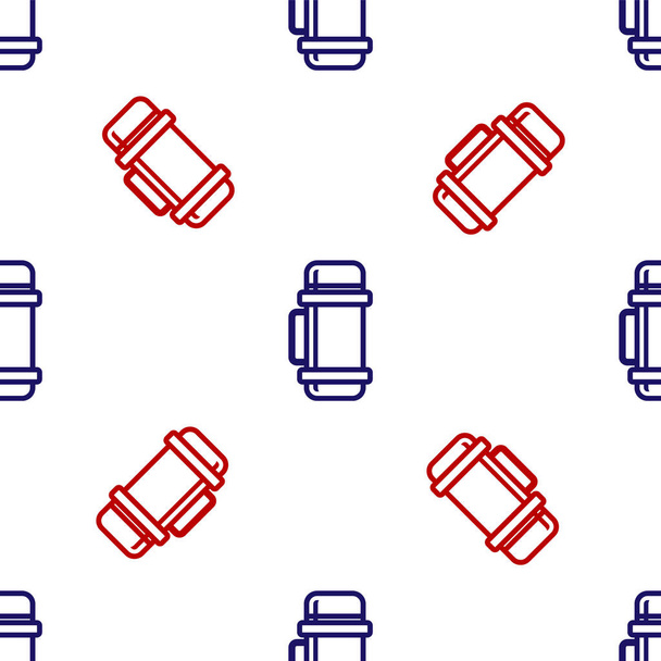 Azul y rojo icono contenedor Thermos aislado patrón sin costuras sobre fondo blanco. Icono de termo frasco. Equipo de camping y senderismo. Ilustración vectorial - Vector, imagen