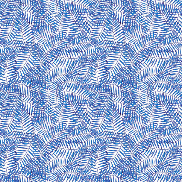 blue palm leaves seamless pattern, watercolor drawing - Valokuva, kuva