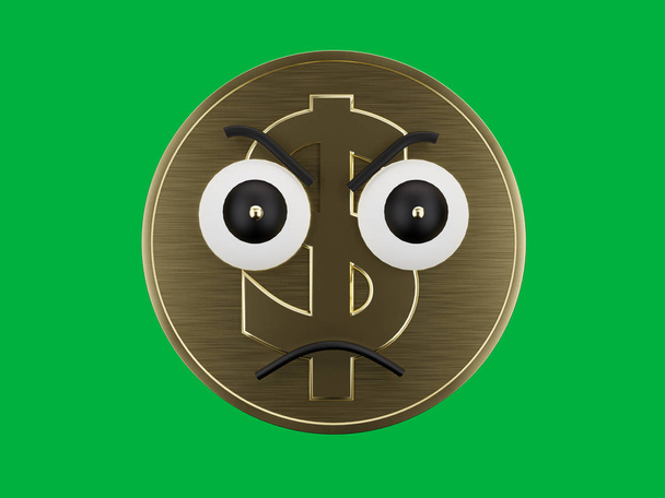 Dollar sign coin with angry face expression with a chrome key background - Photo, Image