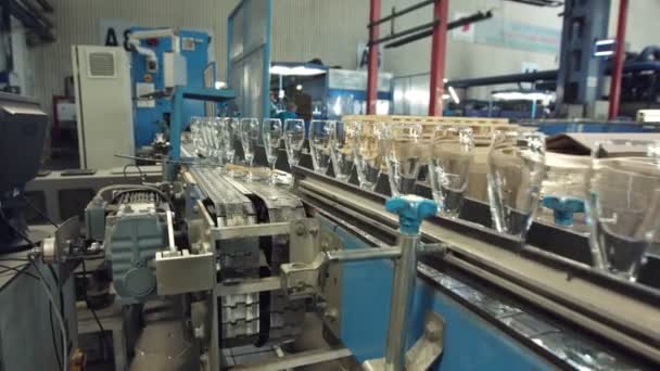 Automatic conveyor line or belt with rows of transparent crystal drink glasses in industrial factory. - Footage, Video
