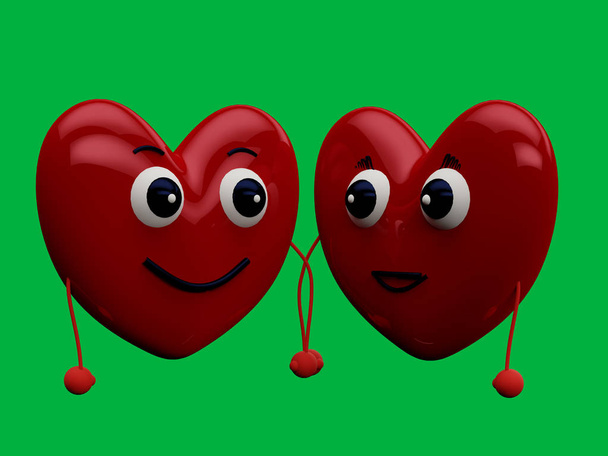 Un par de personajes de corazones tomados de la mano y mirando el uno al otro en el amor croma verde fondo clave
 - Foto, imagen