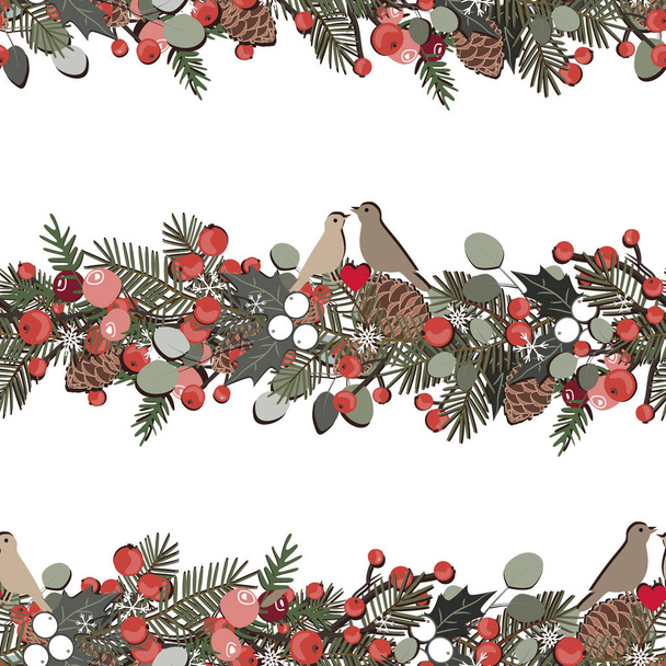 Christmas seamless pattern with fir tree branches, berries, ilex, eucalyptus, birds and pine cones garland. Holidays background - Vector, Image