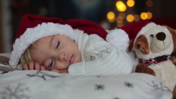 Sweet beautiful blond toddler boy, sleeping in bed with toy on Christmas - Materiaali, video
