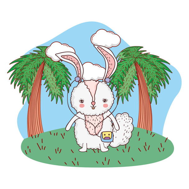cute little rabbit with walkman in the park - Vector, Image