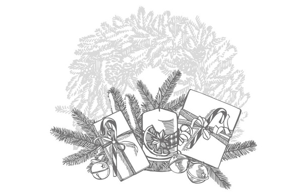 クリスマスツリーとキャンドルの枝。新年とクリスマスのデザイン要素。xmasグラフィックでグリーティングカードの招待状。ヴィンテージイラスト. - ベクター画像