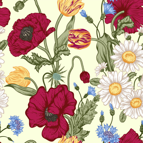 Seamless pattern with flowers. Vector illustration. - Vektör, Görsel