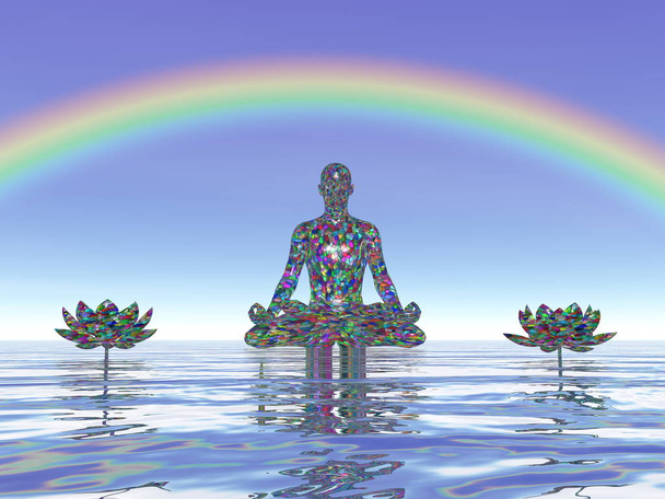 farbenfrohe Meditation unter einem Regenbogen - 3D-Render - Foto, Bild